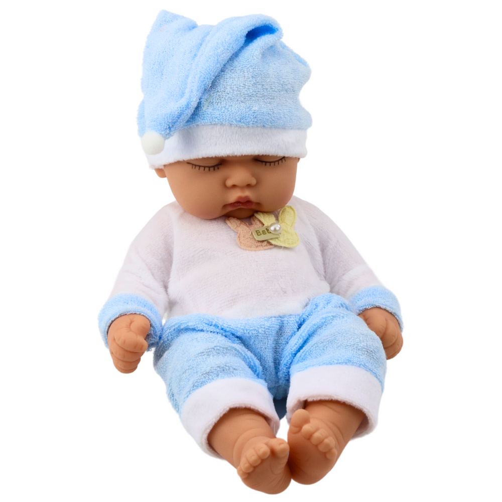 Boneca Bebé a Dormir Pijama Azul com Gorro Pompom