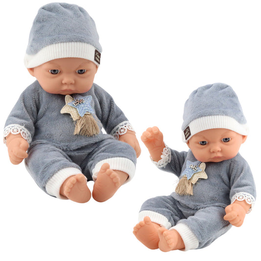 Boneca Bebé Pijama Cinzento com Estrelas e Gorro