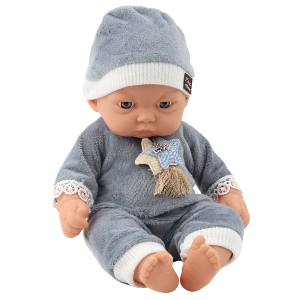 Boneca Bebé Pijama Cinzento com Estrelas e Gorro
