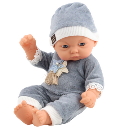 Boneca Bebé Pijama Cinzento com Estrelas e Gorro