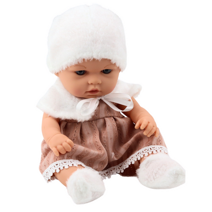 Boneca Bebé Vestido Bege Chapéu Gola e Meias