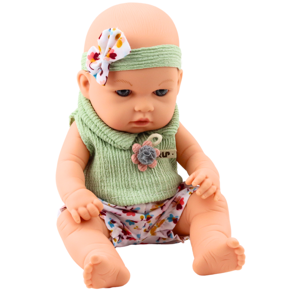 Boneca Bebé Vestido Floral Verde Bandolete com Laço