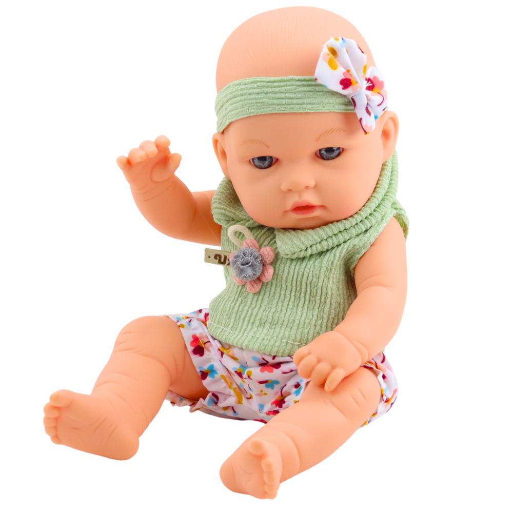 Boneca Bebé Vestido Floral Verde Bandolete com Laço