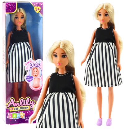 Boneca Grávida Anlily Vestido Preto e Branco com Bebé