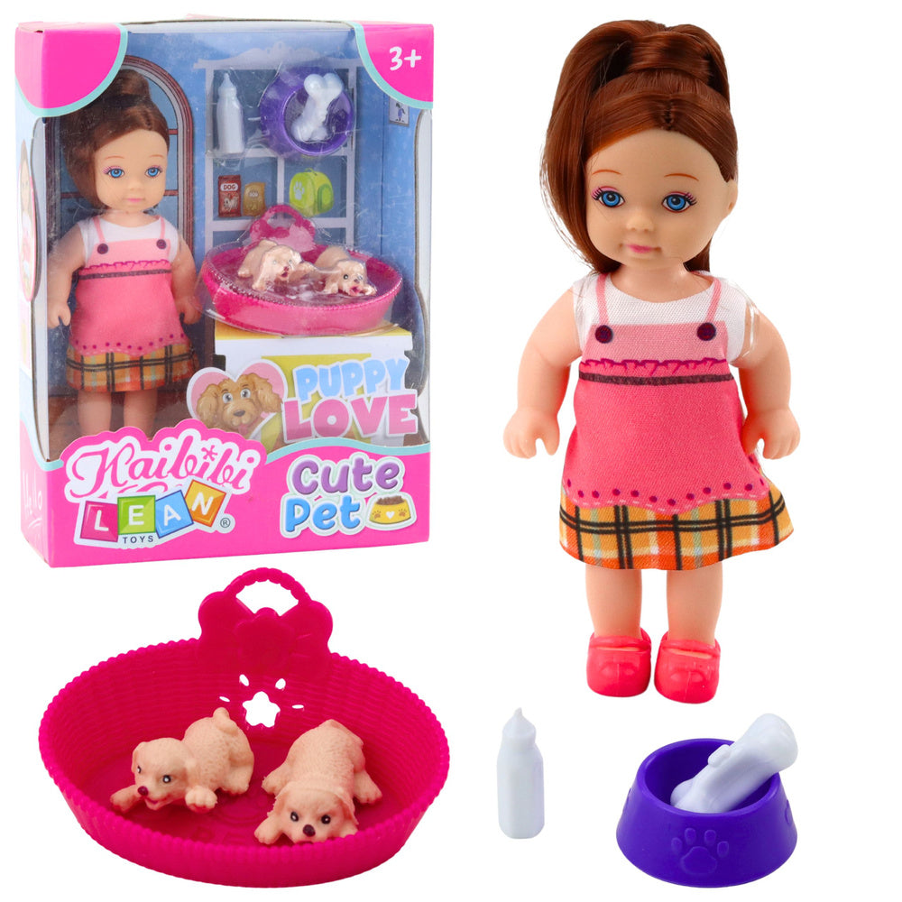 Mini Boneca com 2 Cachorrinhos Cama Taça e Biberão