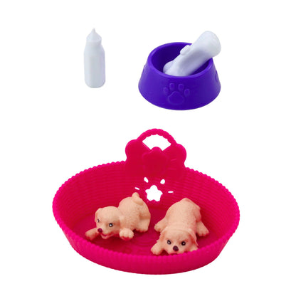 Mini Boneca com 2 Cachorrinhos Cama Taça e Biberão
