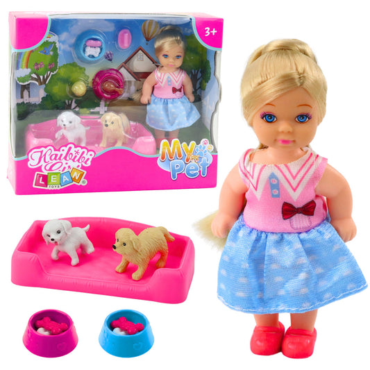 Mini Boneca com 2 Cães Cama e Taça