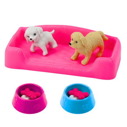 Mini Boneca com 2 Cães Cama e Taça