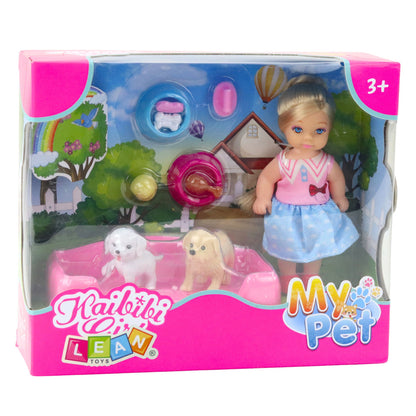 Mini Boneca com 2 Cães Cama e Taça