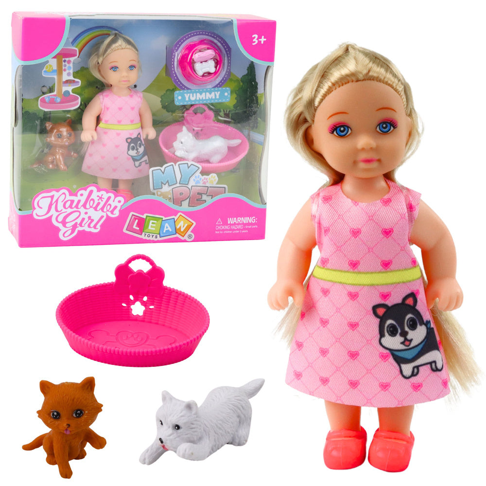 Mini Boneca com Cão e Gatinho Cama e Taça