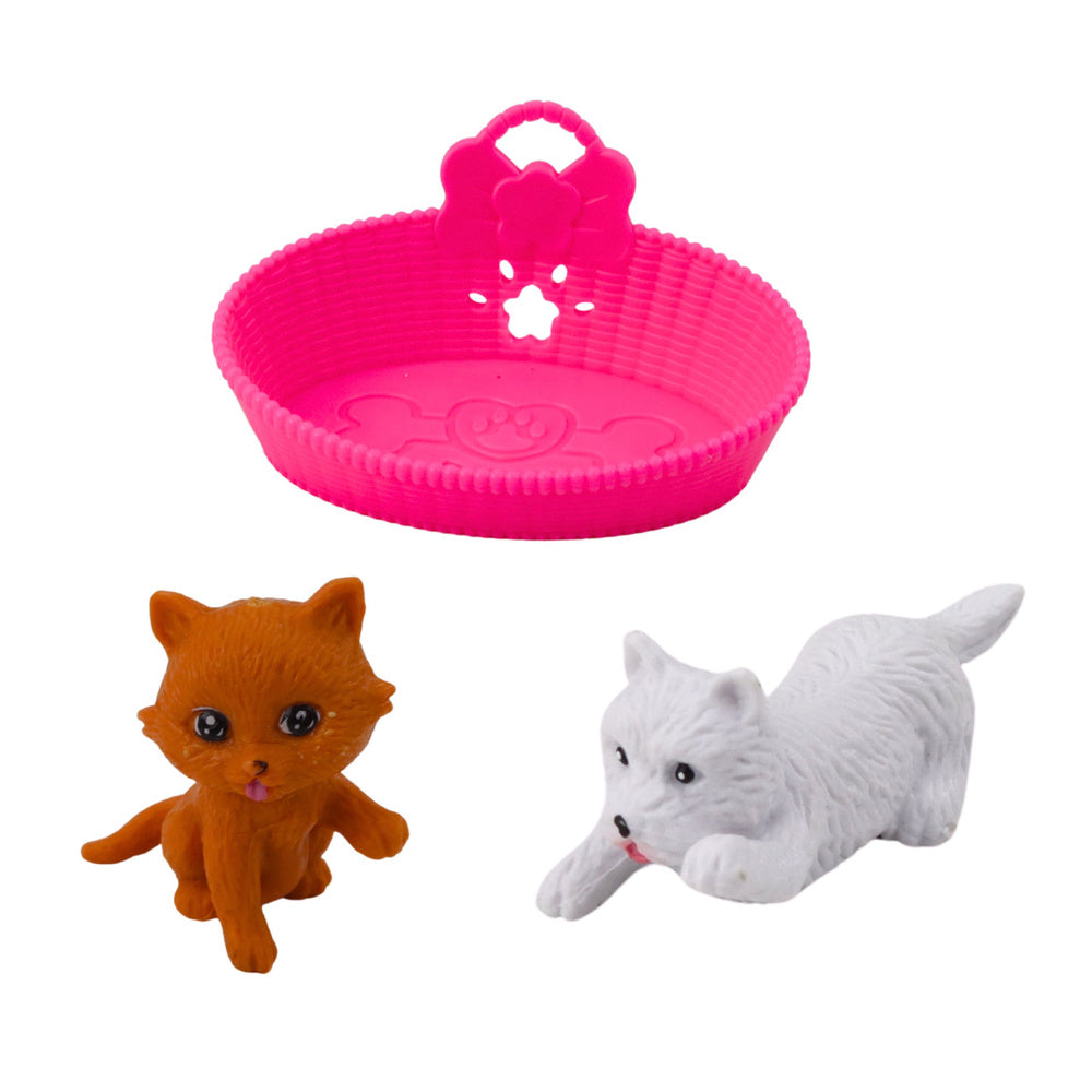 Mini Boneca com Cão e Gatinho Cama e Taça