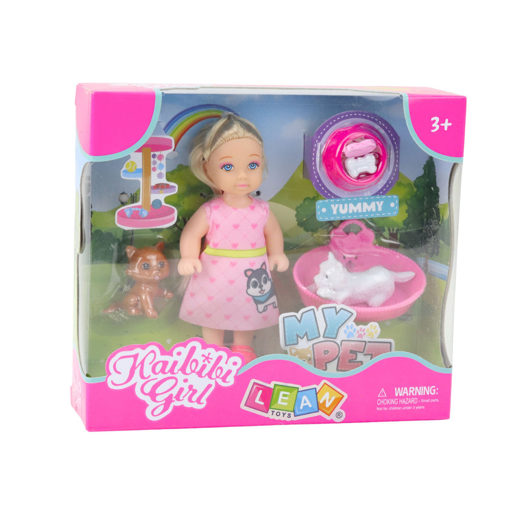 Mini Boneca com Cão e Gatinho Cama e Taça