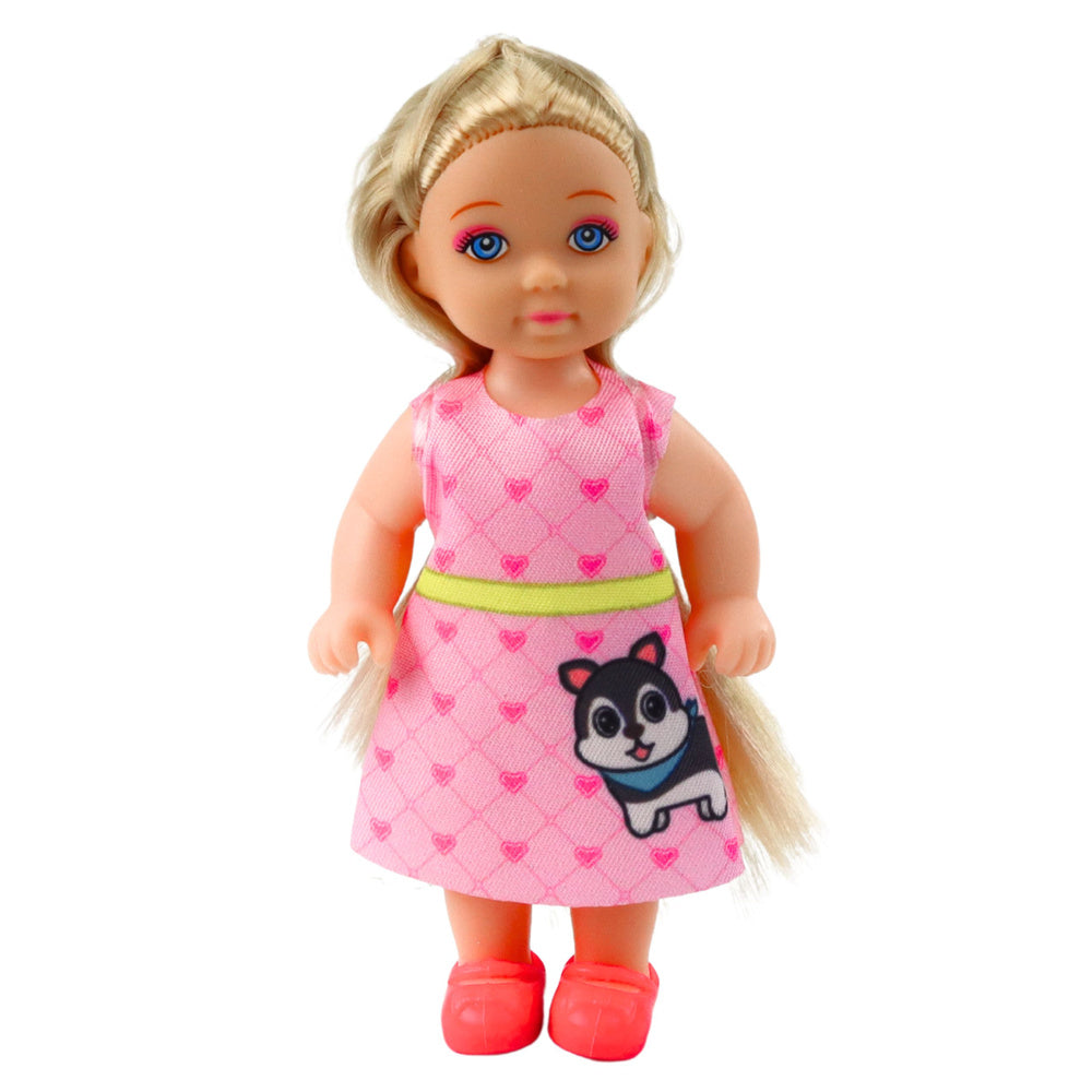 Mini Boneca com Cão e Gatinho Cama e Taça
