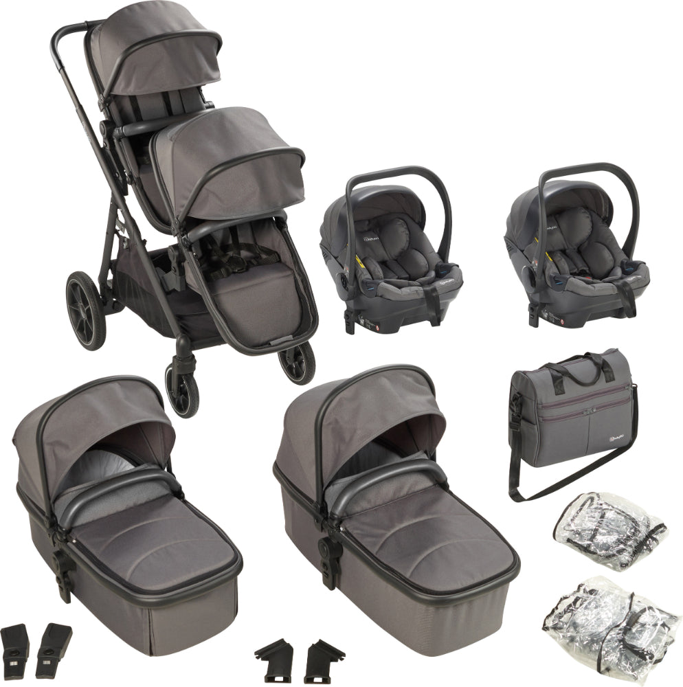 Carrinho De Gémeos Trio conversível Capas De Chuva, Adaptadores, Saco Muda Fraldas E cadeiras auto grupo 0 babyGO Duo Mega Grey/Black Grip