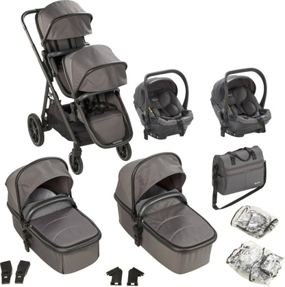 Carrinho De Gémeos Trio conversível Capas De Chuva, Adaptadores, Saco Muda Fraldas E cadeiras auto grupo 0 babyGO Duo Mega Grey/Black Grip
