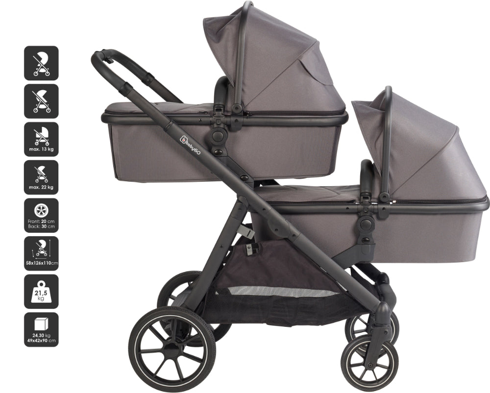 Carrinho De Gémeos Trio conversível Capas De Chuva, Adaptadores, Saco Muda Fraldas E cadeiras auto grupo 0 babyGO Duo Mega Grey/Black Grip