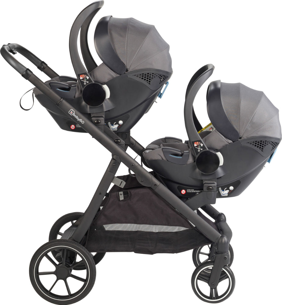 Carrinho De Gémeos Trio conversível Capas De Chuva, Adaptadores, Saco Muda Fraldas E cadeiras auto grupo 0 babyGO Duo Mega Grey/Black Grip