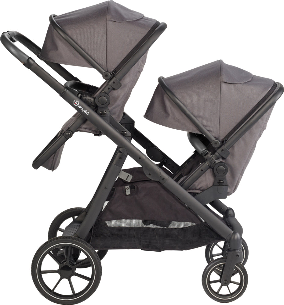 Carrinho De Gémeos Trio conversível Capas De Chuva, Adaptadores, Saco Muda Fraldas, cadeiras auto grupo 0 e bases Isofix babyGO Duo Mega Grey/Black Grip