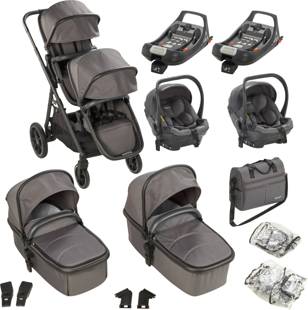 Carrinho De Gémeos Trio conversível Capas De Chuva, Adaptadores, Saco Muda Fraldas, cadeiras auto grupo 0 e bases Isofix babyGO Duo Mega Grey/Black Grip