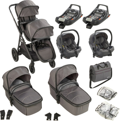 Carrinho De Gémeos Trio conversível Capas De Chuva, Adaptadores, Saco Muda Fraldas, cadeiras auto grupo 0 e bases Isofix babyGO Duo Mega Grey/Black Grip