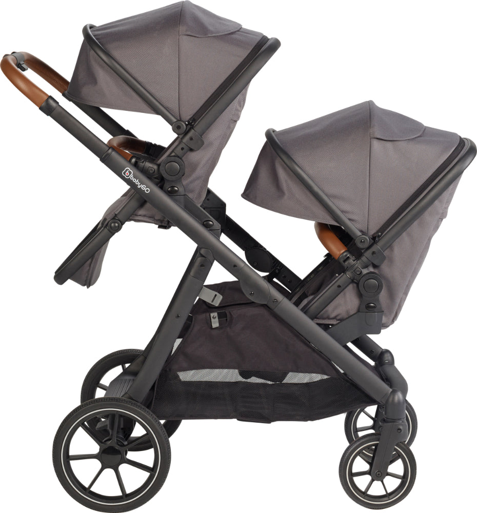 Carrinho De Gémeos Trio conversível Capas De Chuva, Adaptadores, Saco Muda Fraldas, cadeiras auto grupo 0 e bases Isofix babyGO Duo Mega Grey/Brown Grip