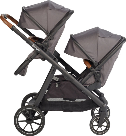Carrinho De Gémeos Trio conversível Capas De Chuva, Adaptadores, Saco Muda Fraldas, cadeiras auto grupo 0 e bases Isofix babyGO Duo Mega Grey/Brown Grip