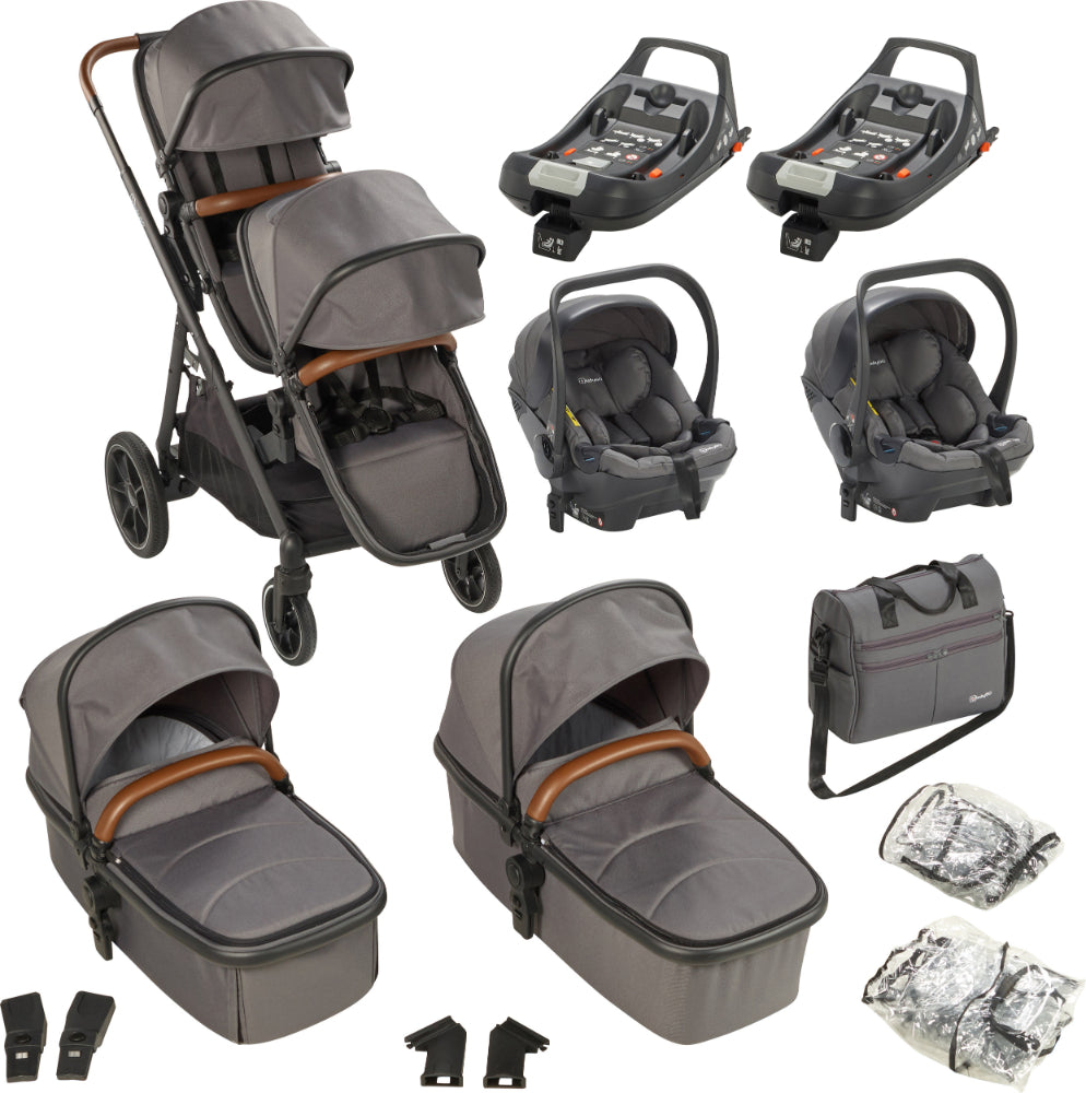 Carrinho De Gémeos Trio conversível Capas De Chuva, Adaptadores, Saco Muda Fraldas, cadeiras auto grupo 0 e bases Isofix babyGO Duo Mega Grey/Brown Grip