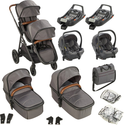 Carrinho De Gémeos Trio conversível Capas De Chuva, Adaptadores, Saco Muda Fraldas, cadeiras auto grupo 0 e bases Isofix babyGO Duo Mega Grey/Brown Grip