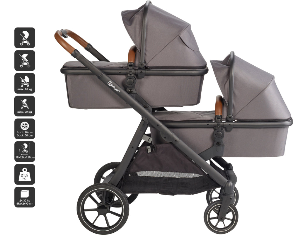 Carrinho De Gémeos Trio conversível Capas De Chuva, Adaptadores, Saco Muda Fraldas, cadeiras auto grupo 0 e bases Isofix babyGO Duo Mega Grey/Brown Grip