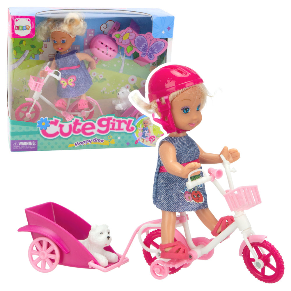 Conjunto Mini Boneca com Reboque Bicicleta e Cão Branco