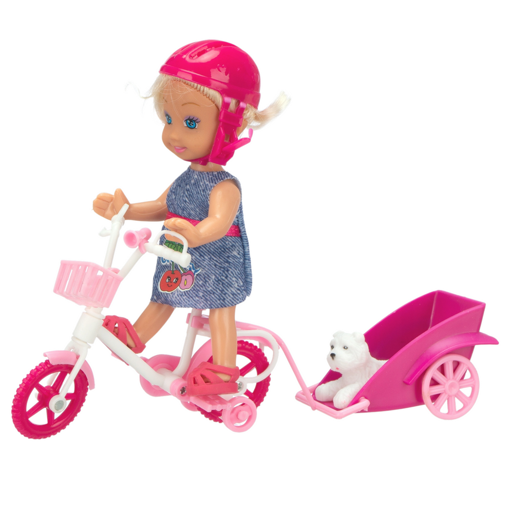 Conjunto Mini Boneca com Reboque Bicicleta e Cão Branco