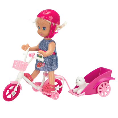 Conjunto Mini Boneca com Reboque Bicicleta e Cão Branco
