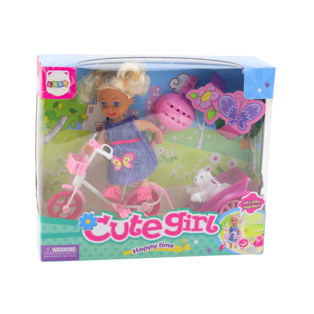 Conjunto Mini Boneca com Reboque Bicicleta e Cão Branco