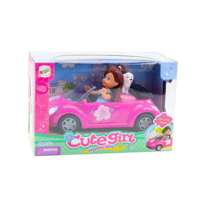 Conjunto Mini Boneca com Carro Cabriolet e Cão