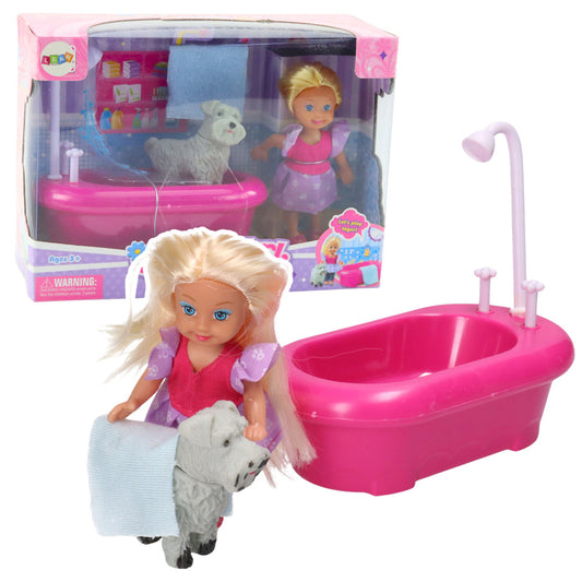 Conjunto Mini Boneca com Banheira e Cão Branco Rosa