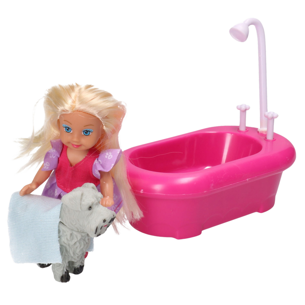 Conjunto Mini Boneca com Banheira e Cão Branco Rosa