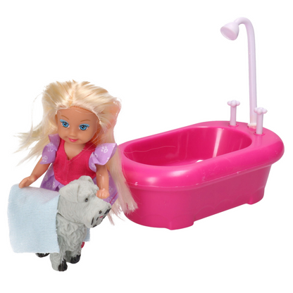 Conjunto Mini Boneca com Banheira e Cão Branco Rosa
