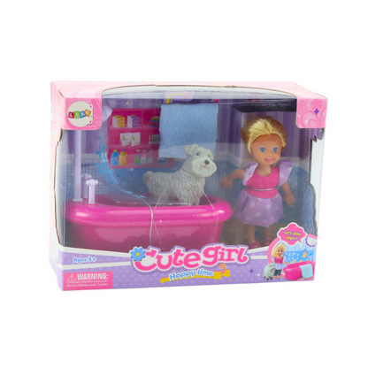 Conjunto Mini Boneca com Banheira e Cão Branco Rosa