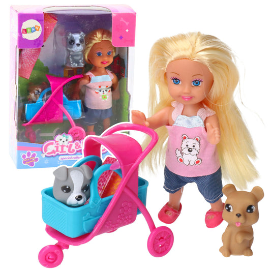 Conjunto Mini Boneca com Carrinho e Cães Cinza Castanho
