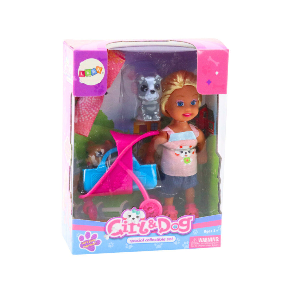 Conjunto Mini Boneca com Carrinho e Cães Cinza Castanho