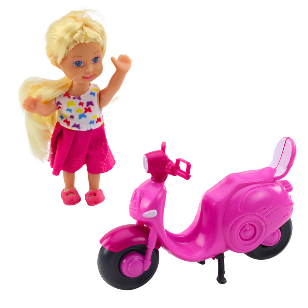 Conjunto Mini Boneca com Scooter Capacete Rosa