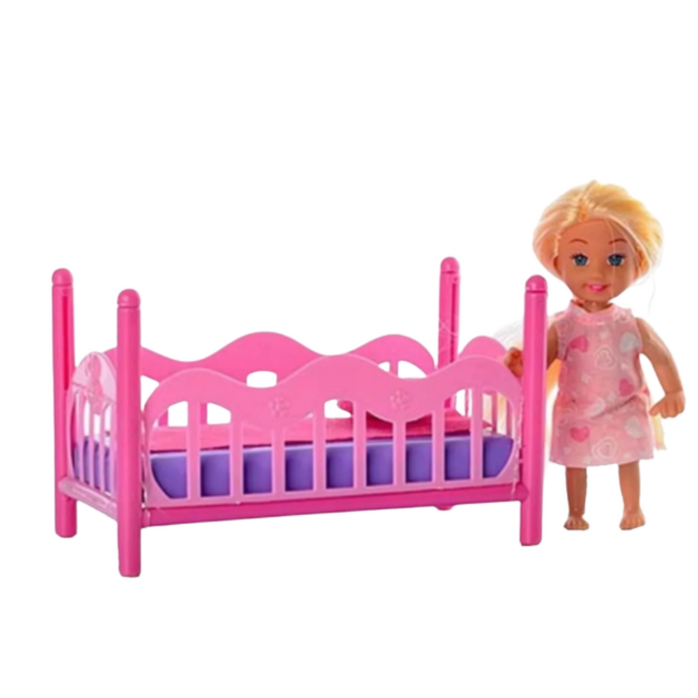 Conjunto Mini Boneca Pijama com Cama Rosa