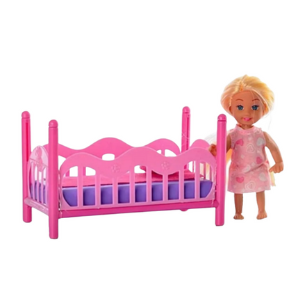 Conjunto Mini Boneca Pijama com Cama Rosa