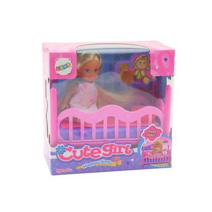 Conjunto Mini Boneca Pijama com Cama Rosa