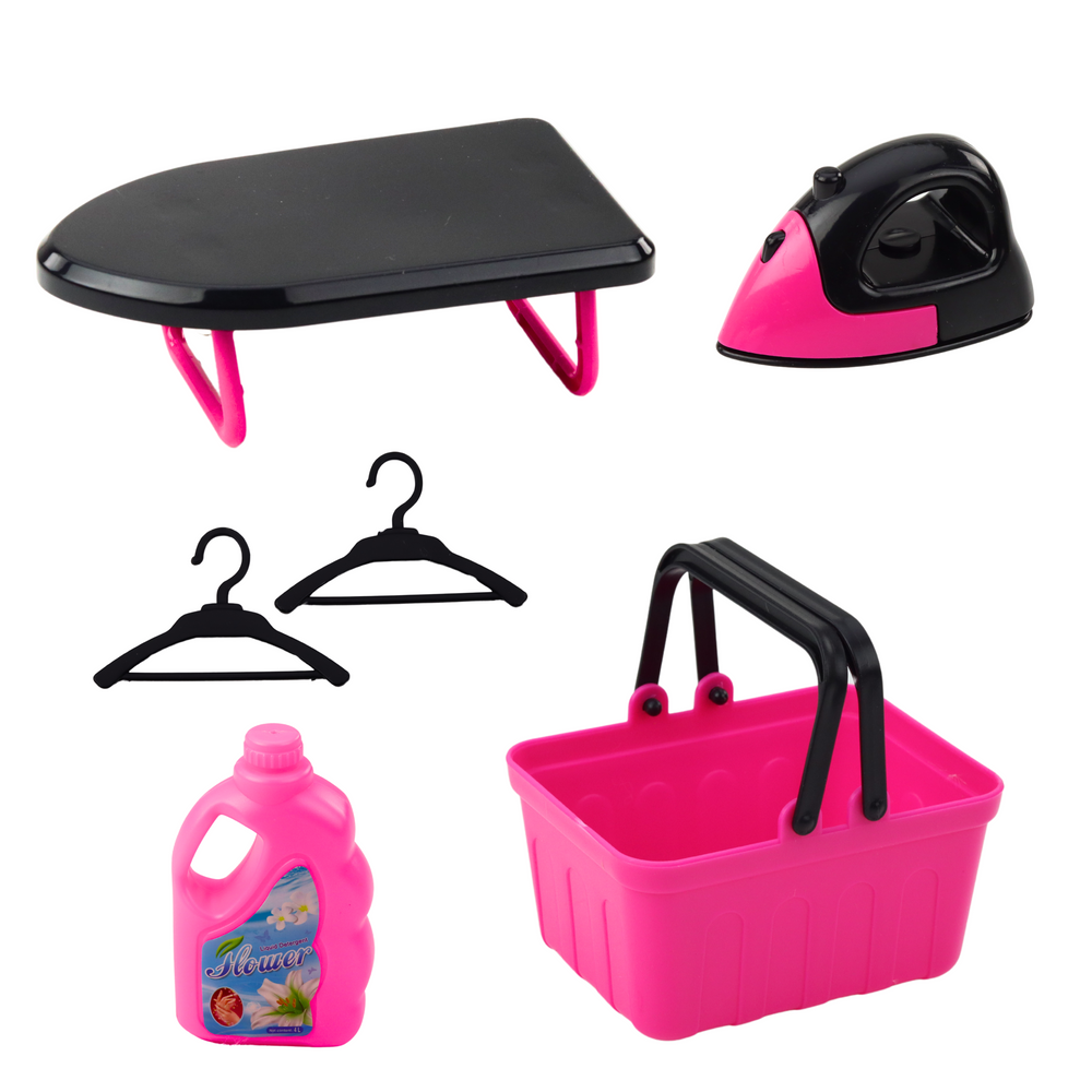 Conjunto Eletrodomésticos Máquina Lavar Interativa Sons Acessórios Preto Rosa