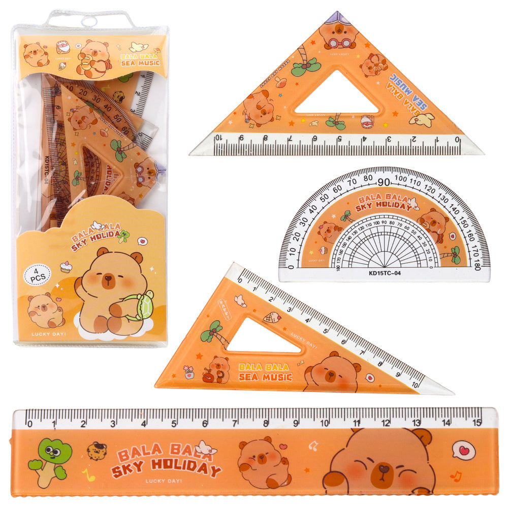 Conjunto Geometria Capivara Régua Transferidor Esquadros 4pcs