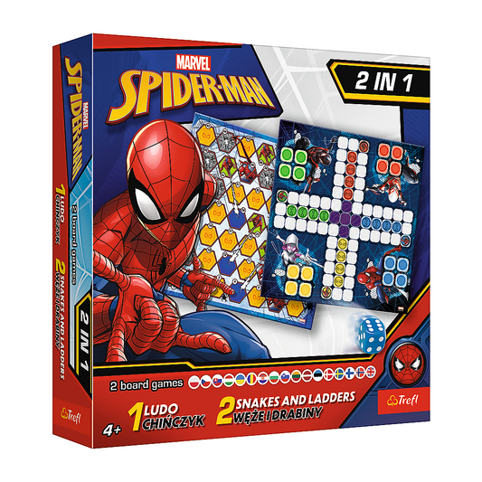 Jogo de Tabuleiro 2 em 1 Spider-Man Ludo, Escadas e Serpentes, +4 Anos