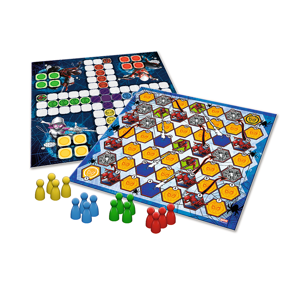 Jogo de Tabuleiro 2 em 1 Spider-Man Ludo, Escadas e Serpentes, +4 Anos