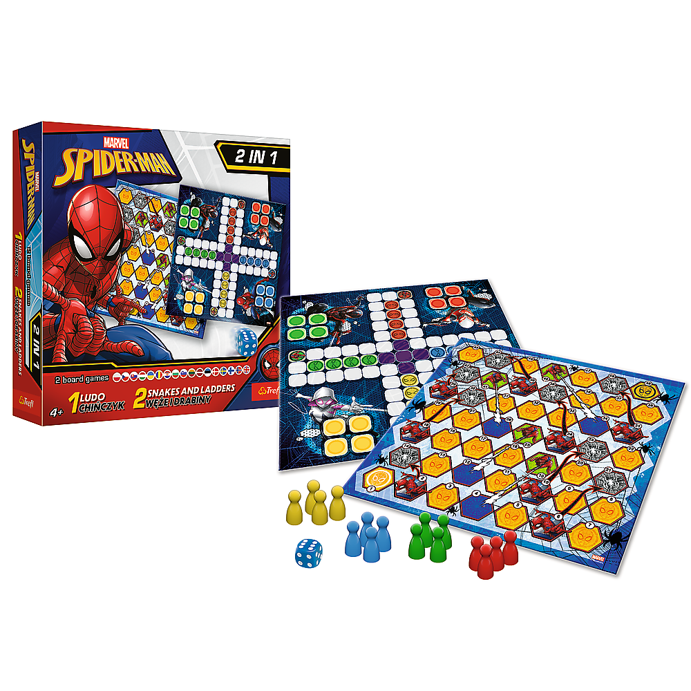 Jogo de Tabuleiro 2 em 1 Spider-Man Ludo, Escadas e Serpentes, +4 Anos