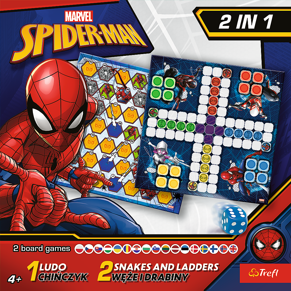 Jogo de Tabuleiro 2 em 1 Spider-Man Ludo, Escadas e Serpentes, +4 Anos